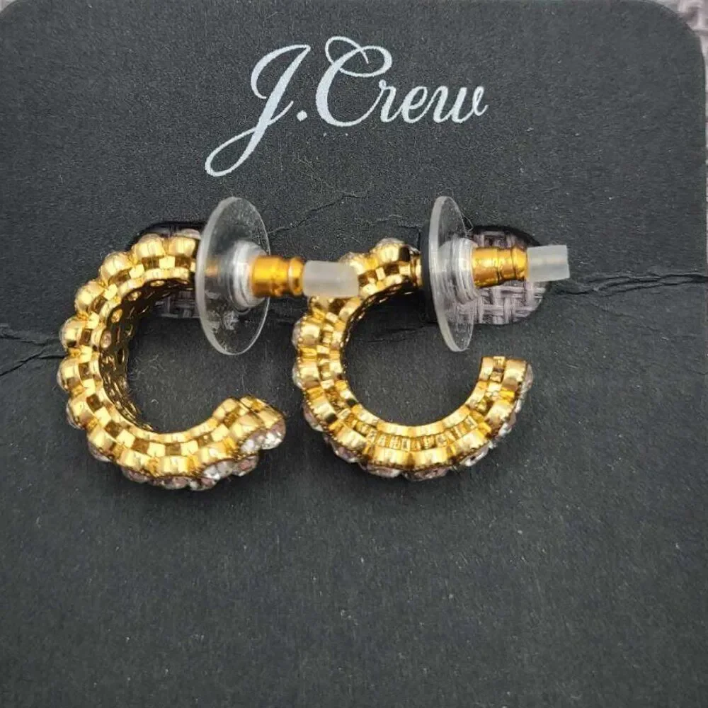 J Crew Busy Bezel Pave Crystal Hoop Stud Earrings  NEW!  NWT!
